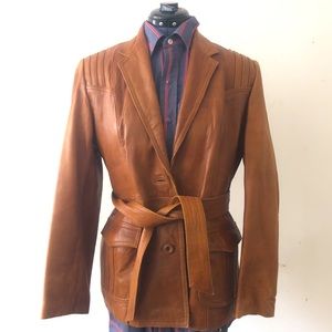 Vintage 70s Belted Leather Jacket Caramel Brown Leather Cognac Tailored Medium